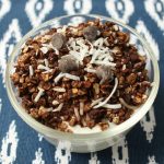 a bowl of chocolate coconut homemade granola