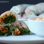 shrimp and vegetable spring rolls with a side of spicy aioli