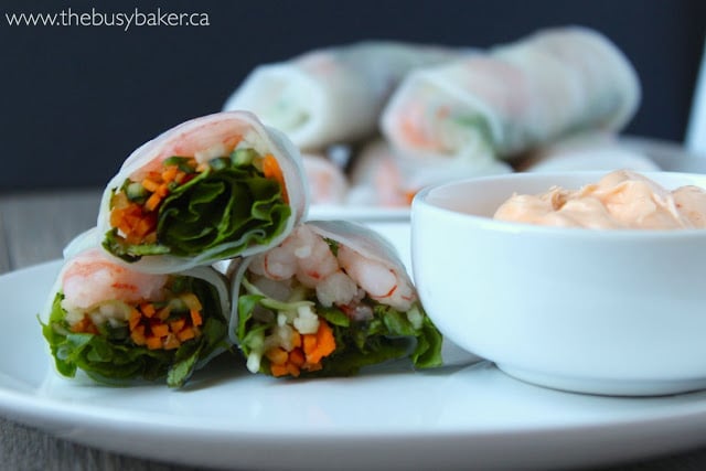 shrimp and vegetable spring rolls with spicy dipping sauce