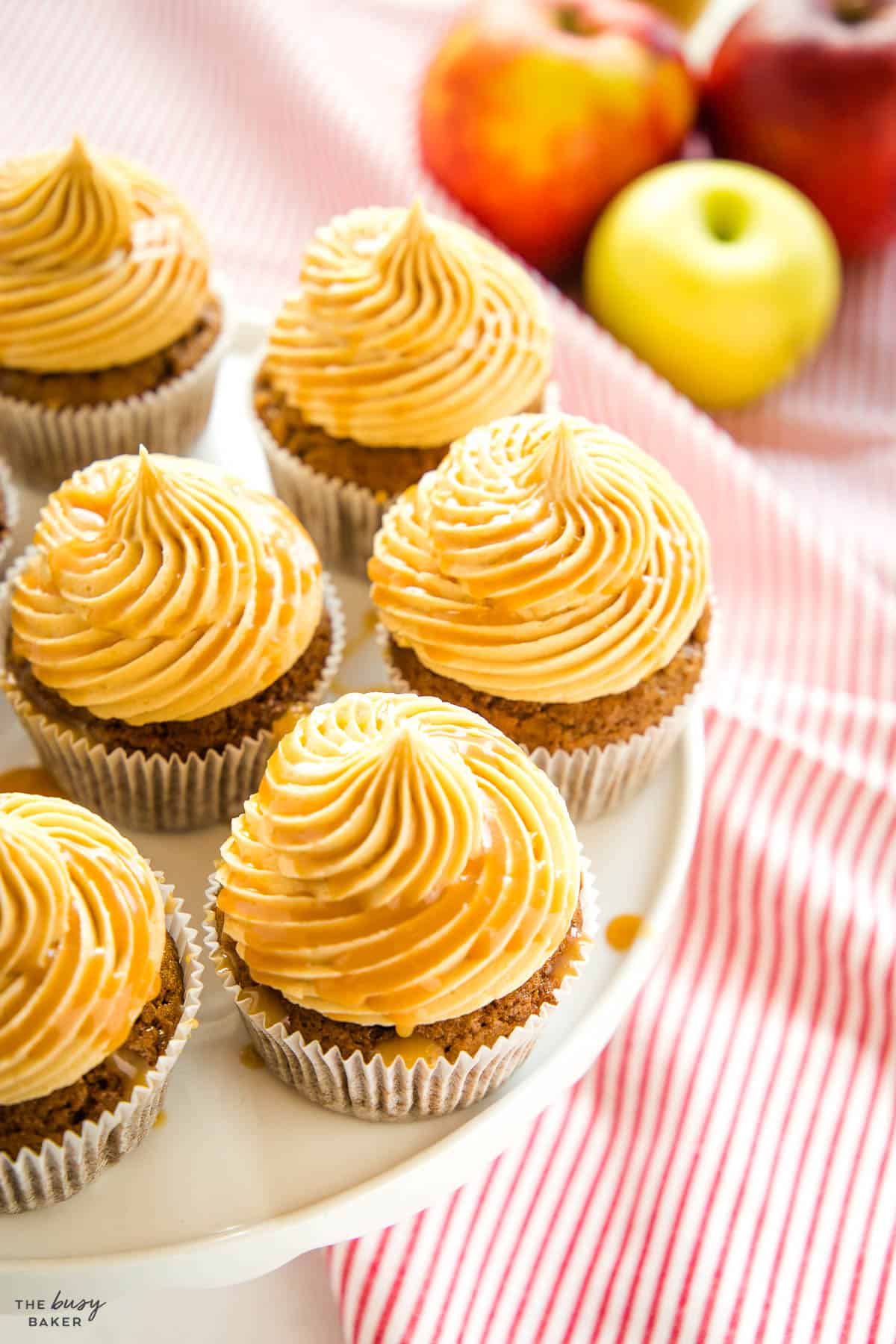 caramel apple cupcakes on cake platter