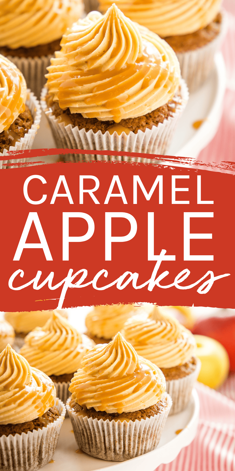 This Caramel Apple Cupcakes recipe is the perfect treat for fall! An apple and spice infused cupcake base with fluffy homemade caramel buttercream frosting! Recipe from thebusybaker,ca! #caramelapplecupcakes #applecupcakes #caramelcupcakes #easycupcakes #fallcupcakes #harvestcupcakes #falldessert #fallbaking #appledessert via @busybakerblog