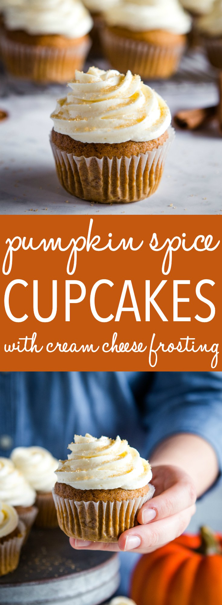 This easy cupcakes recipe for Pumpkin Spice Cupcakes makes a great fall dessert with the perfect tender pumpkin cake and fluffy cream cheese frosting! Recipe from thebusbaker.ca! #cupcakes #pumpkinspice #pumpkin #fall #autumn #creamcheesefrosting #recipe #thanksgiving via @busybakerblog