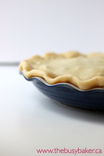 scalloped edges of an unbaked homemade pie crust