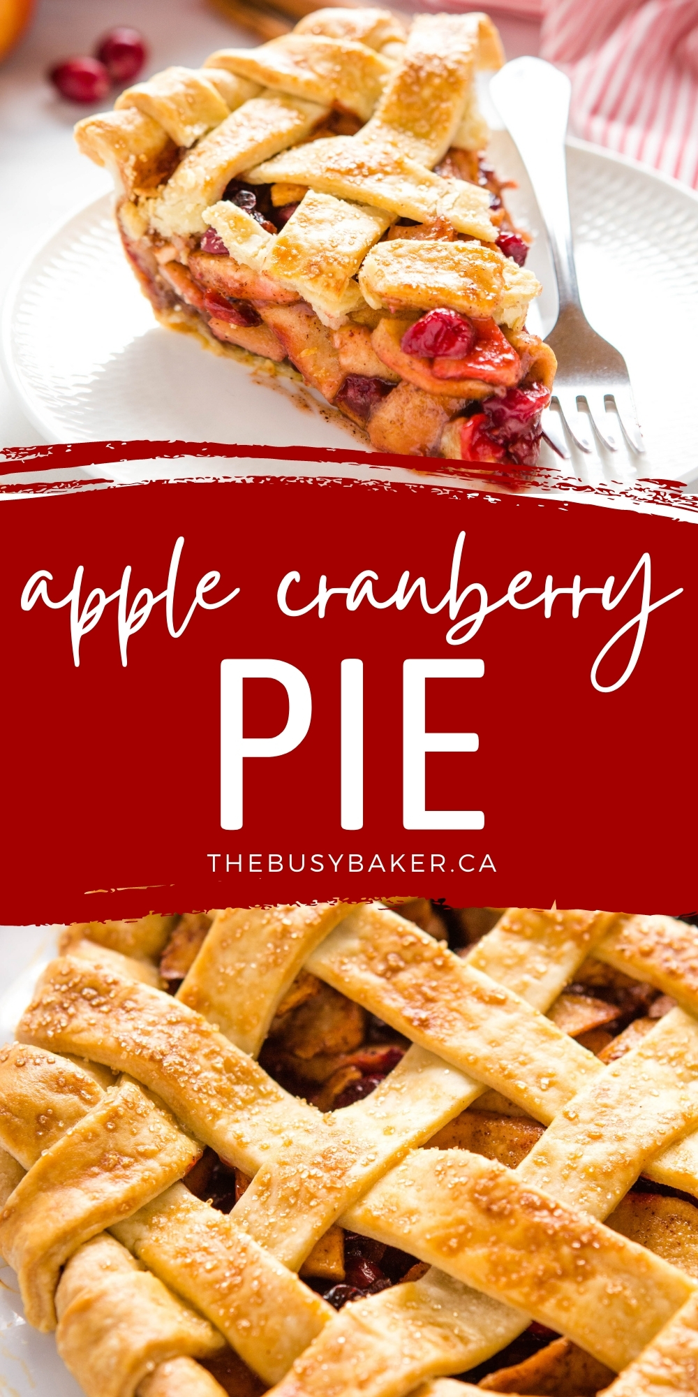This Apple Cranberry Pie Recipe makes the perfect holiday dessert. Get the recipe and our 10 no fail tips on how to make the perfect pie! Recipe from thebusybaker.ca! #applepie #cranberryapplepie #holidaypie #holidaydessert #christmas #thanksgiving via @busybakerblog