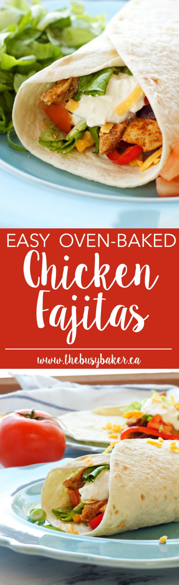 These Easy Oven Baked Chicken Fajitas are a quick and easy weeknight meal that's healthy and fresh and on the table in 30 minutes! Recipe from thebusybaker.ca via @busybakerblog