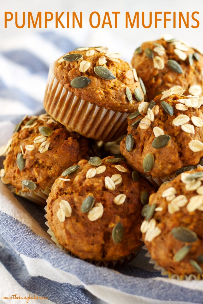 Pumpkin Oat Muffins with pumpkin seeds image with text