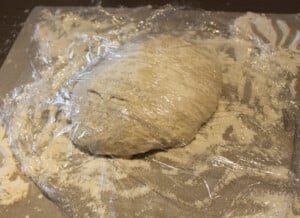 artisan bread dough covered with plastic wrap