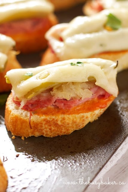 close up image of a reuben sandwich appetizer