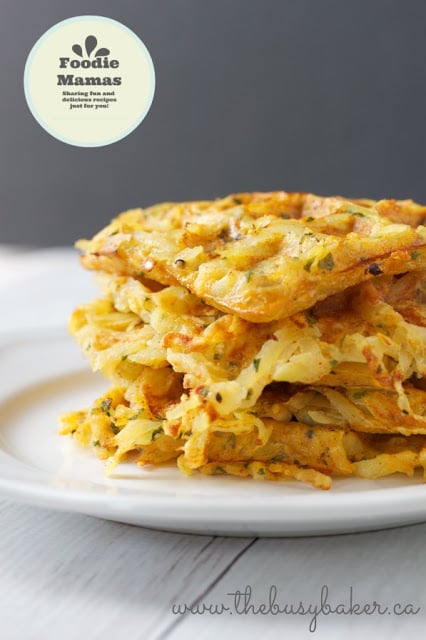 stack of hash brown waffles on a white plate