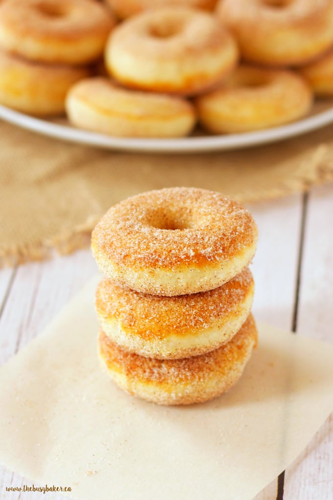 These Old Fashioned Cinnamon Sugar Baked Cake Donuts are easy to make, and they're lower in fat and sugar than most donuts, making them a healthier choice! Recipe from thebusybaker.ca!