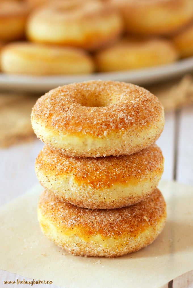 These Old Fashioned Cinnamon Sugar Baked Cake Donuts are easy to make, and they're lower in fat and sugar than most donuts, making them a healthier choice! Recipe from thebusybaker.ca!