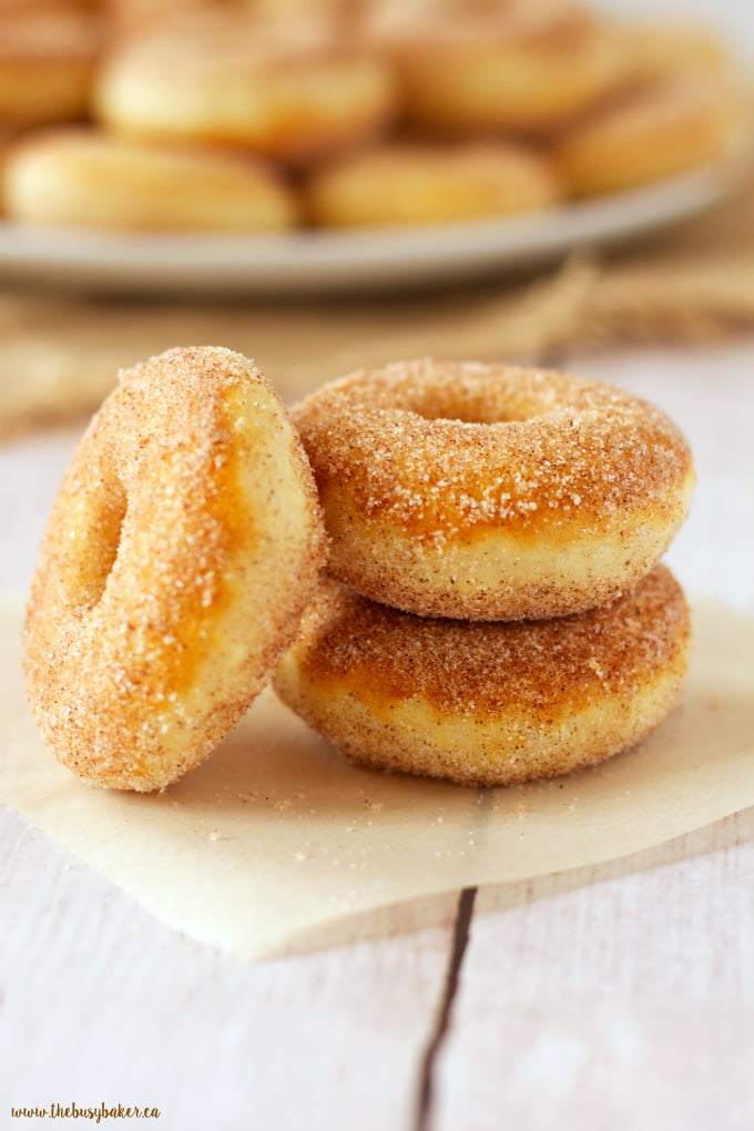 These Old Fashioned Cinnamon Sugar Baked Cake Donuts are easy to make, and they're lower in fat and sugar than most donuts, making them a healthier choice! Recipe from thebusybaker.ca!