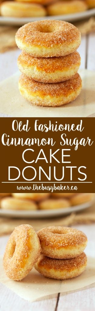 These Old Fashioned Cinnamon Sugar Baked Cake Donuts are easy to make, and they're lower in fat and sugar than most donuts, making them a healthier choice! Recipe from thebusybaker.ca!