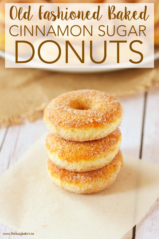 These Old Fashioned Cinnamon Sugar Baked Cake Donuts are easy to make, and they're lower in fat and sugar than most donuts, making them a healthier choice! Recipe from thebusybaker.ca!