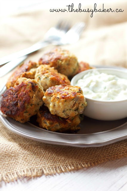 These Skinny Greek Turkey Meatballs are the perfect healthy meal idea, packed with veggies and easy to make with a side of Tzatziki! Recipe from thebusybaker.ca!