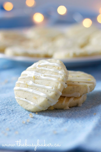 buttery shortbread cookies with stripes of lemon glaze on top