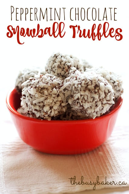 titled image (and shown): peppermint chocolate snowball truffles (in a red bowl)