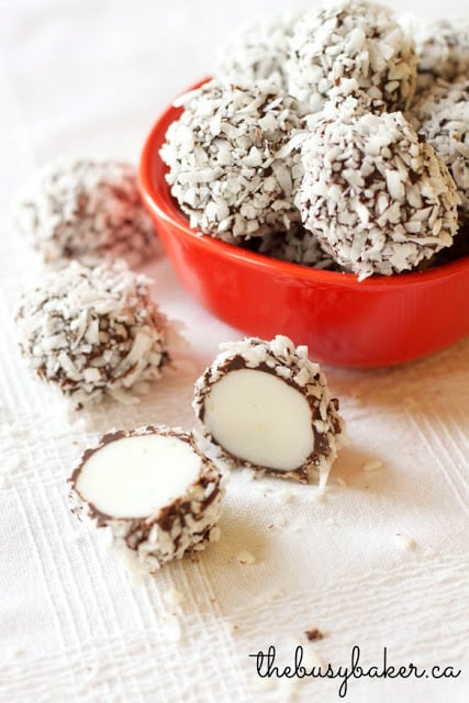 red bowl filled with sweet potato truffles rolled in shredded coconut