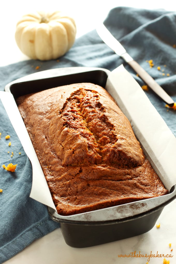 A pumpkin loaf in a loaf pan