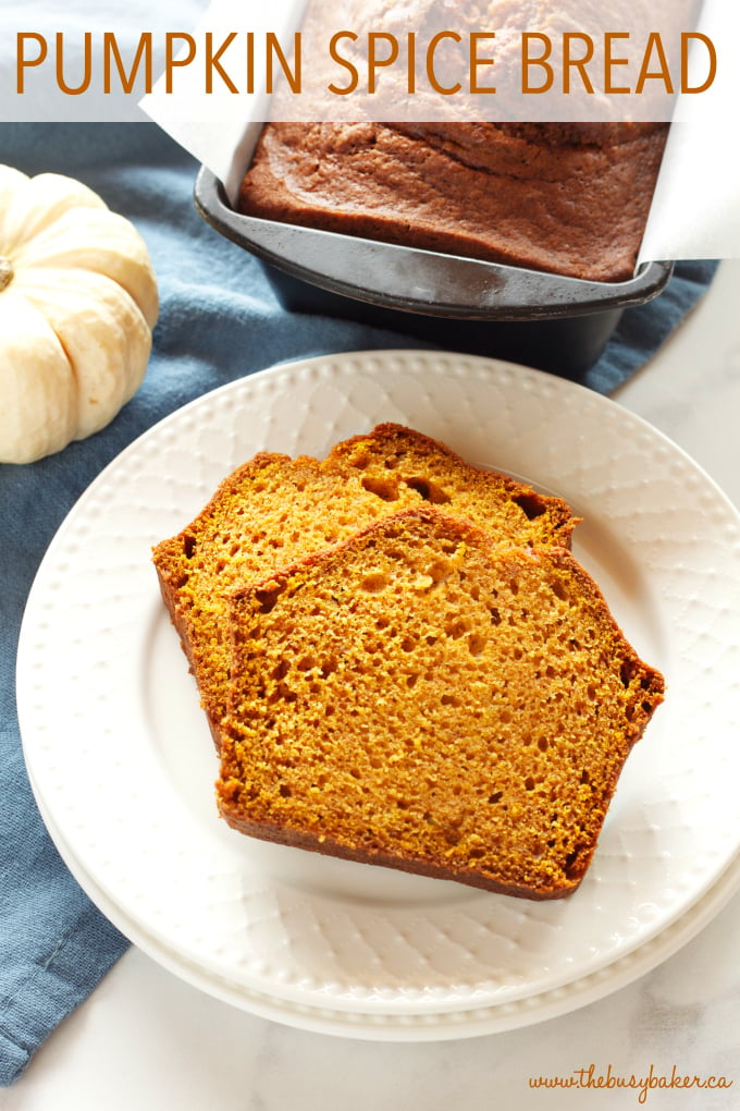 two pumpkin bread slices on a white plate