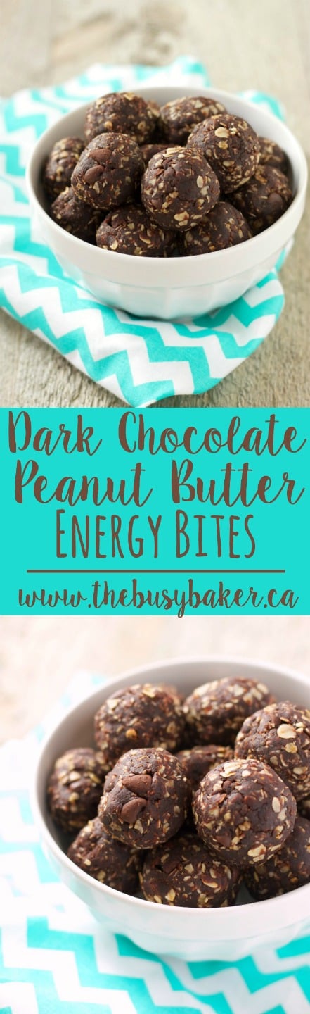 These Dark Chocolate Peanut Butter Energy Bites are the perfect healthy snack for on the go with no refined sugars! thebusybaker.ca via @busybakerblog