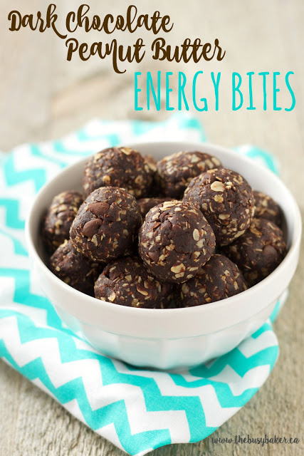 These Dark Chocolate Peanut Butter Energy Bites are the perfect healthy snack for on the go. Recipe from thebusybaker.ca!