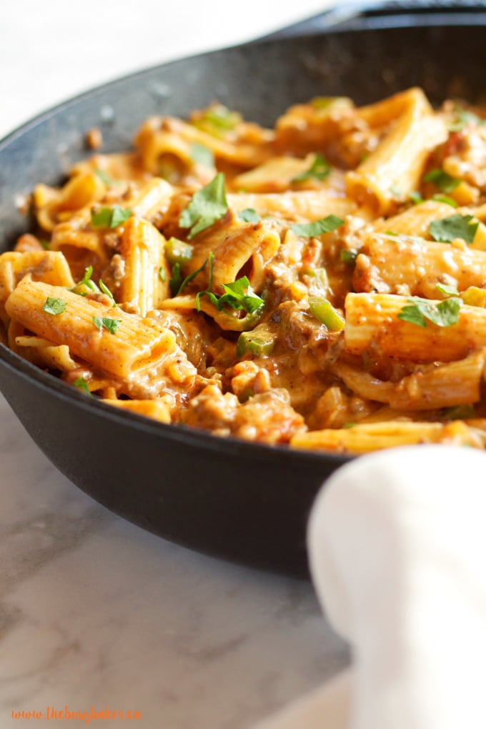 This Easy One Pot Tex Mex Mac and Cheese is the perfect easy, cheesy weeknight family meal that's ready in under 30 minutes! Recipe from thebusybaker.ca