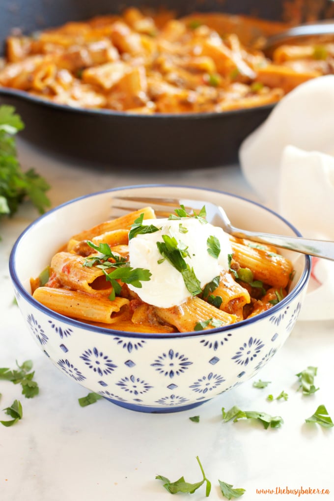 This Easy One Pot Tex Mex Mac and Cheese is the perfect easy, cheesy weeknight family meal that's ready in under 30 minutes! Recipe from thebusybaker.ca