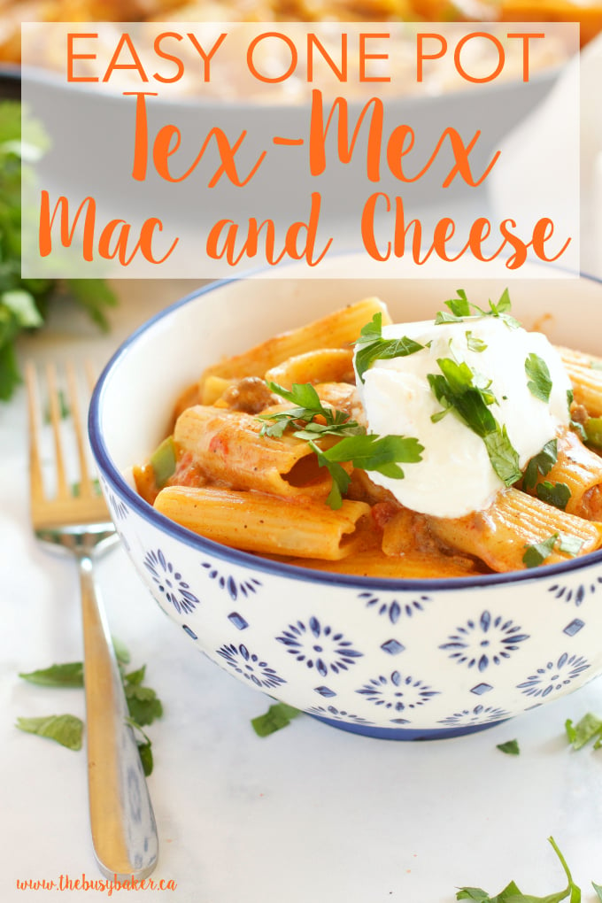 This Easy One Pot Tex Mex Mac and Cheese is the perfect easy, cheesy weeknight family meal that's ready in under 30 minutes! Recipe from thebusybaker.ca