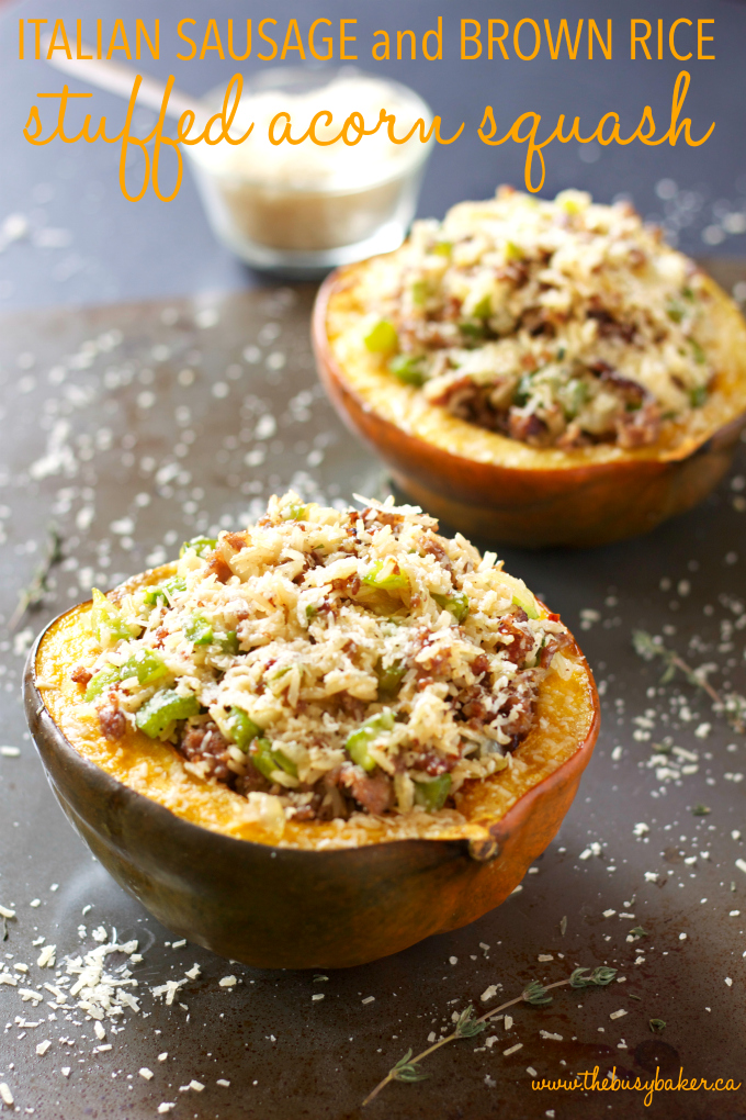 This Italian Sausage and Brown Rice Stuffed Acorn Squash is a deliciously healthy easy weeknight meal idea made with sausage, whole grain rice, and seasonal veggies! Recipe from thebusybaker.ca! #stuffedacornsquash #italiansausagestuffed #easyweeknightmeal