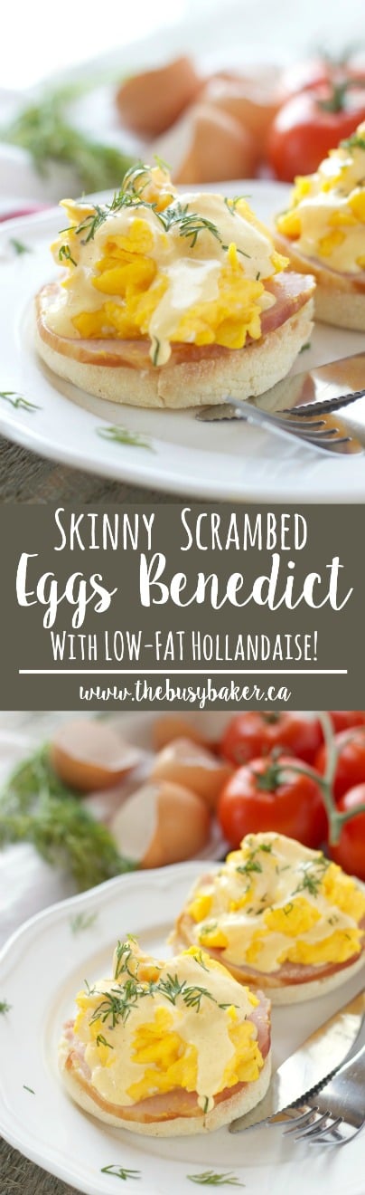 This Skinny Scrambled Eggs Benedict with Low Fat Hollandaise Sauce features Canadian bacon, fluffy scrambled eggs and the creamy low fat Hollandaise sauce! Recipe from thebusybaker.ca! via @busybakerblog