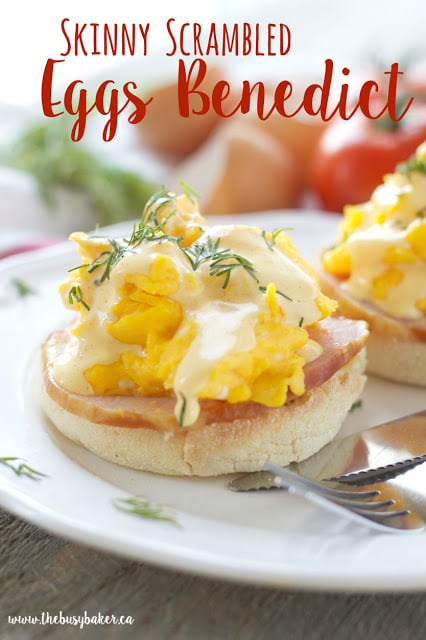 This Skinny Scrambled Eggs Benedict with Low Fat Hollandaise Sauce features Canadian bacon, fluffy scrambled eggs and the creamy low fat Hollandaise sauce! Recipe from thebusybaker.ca!