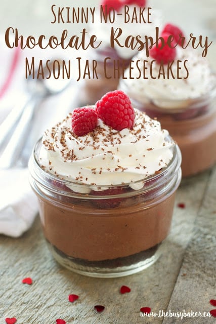 titled image (and shown): Skinny No Bake Chocolate Raspberry Mason Jar Cheesecakes