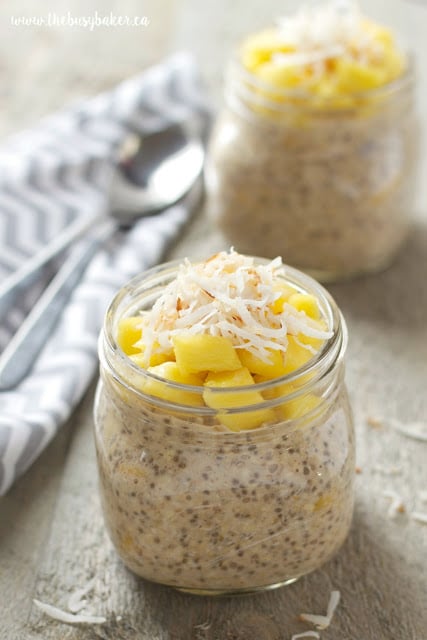 overnight oats in a mason jar with mango and coconut