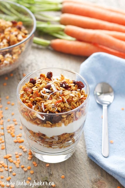 carrot cake granola parfait with red lentils