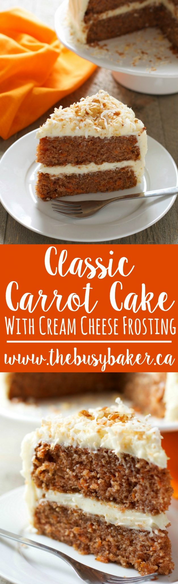 Carrot Cake with Cream Cheese Frosting is simple and delicious. This homemade carrot cake recipe that anyone can make and everyone will love! Recipe from thebusybaker.ca! #carrotcake #carrotcakewithcreamcheesefrosting #homemadecarrotcake #easycarrotcake via @busybakerblog