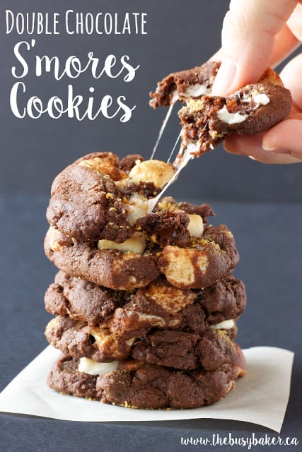 These Double Chocolate S'mores Cookies are sweet, chewy and full of melted chocolate and toasted marshmallows, like everybody's favorite campfire treat! www.thebusybaker.ca