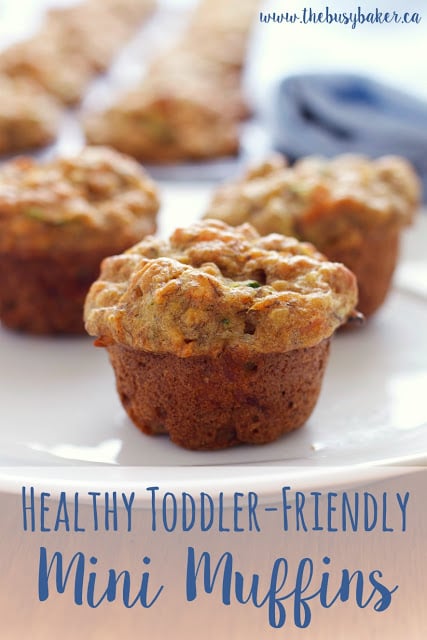 These Healthy Toddler Friendly Mini Muffins are a great snack for kids, sweetened only with fruit and full of vegetables and whole grains! thebusybaker.ca