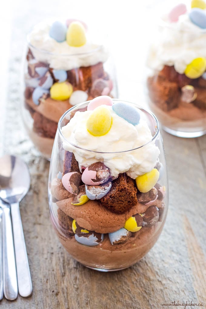 Easter dessert with brownies and cream with chocolate mini eggs
