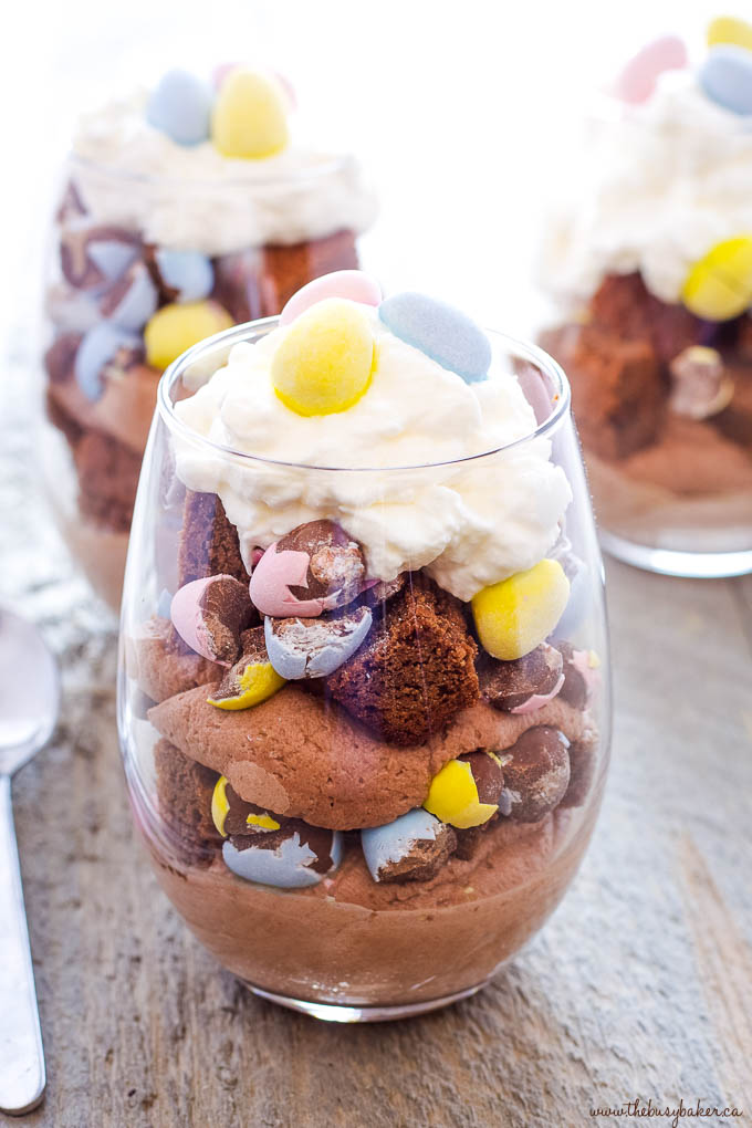 mini eggs brownie parfait with candy coated mini eggs and cream