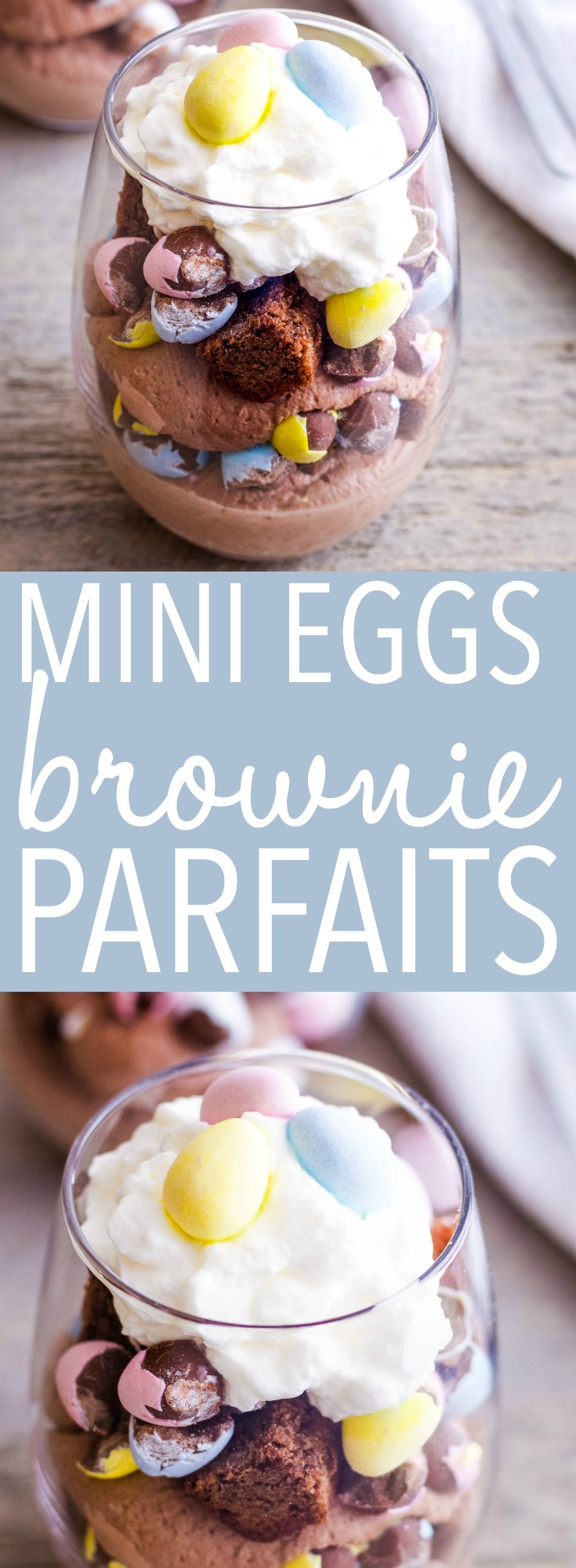 These Mini Eggs Easter Brownie Parfaits are the easiest Easter dessert! Made with everyone's favorite candy-coated Easter eggs, fudgy brownies and cream! Recipe from thebusybaker.ca! #minieggs #easter #treat #easteregg #chocolate #dessert #forkids #kidfriendly #family via @busybakerblog