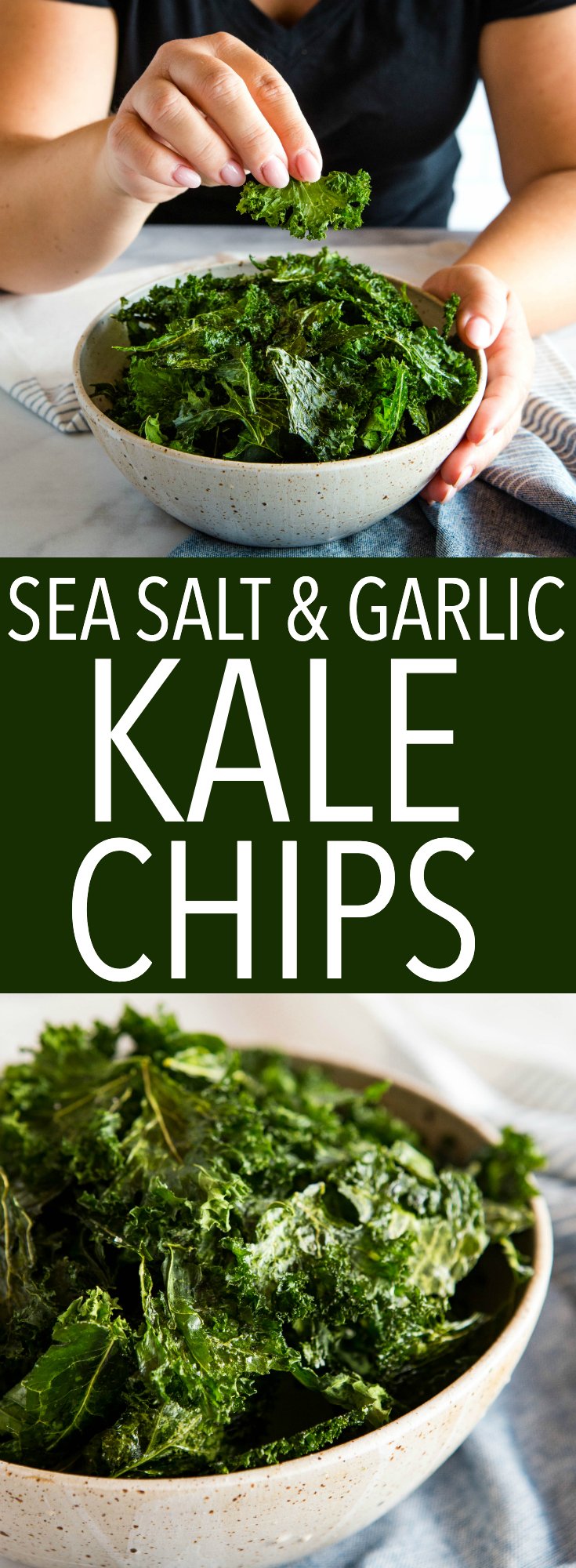 No fail, crispy kale chips every time! Sea Salt and Garlic Kale Chips recipe from thebusybaker.ca via @busybakerblog