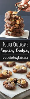 These Double Chocolate S'mores Cookies are sweet, chewy and full of melted chocolate and toasted marshmallows, like everybody's favorite campfire treat! www.thebusybaker.ca