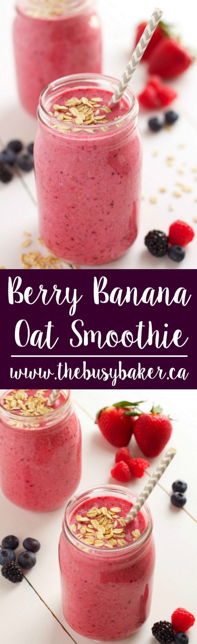 This Berry Banana Oat Smoothie is the perfect dairy-free breakfast full of delicious fruit and a healthy dose of whole grains! Recipe from thebusybaker.ca! #glutenfree #berrybananasmoothie #easybreakfast #fibersmoothie via @busybakerblog