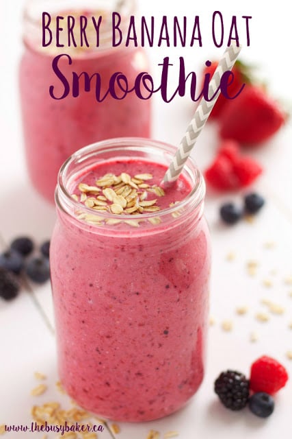 This Berry Banana Oat Smoothie is the perfect dairy-free breakfast full of delicious fruit and a healthy dose of whole grains! Recipe from thebusybaker.ca! #glutenfree #berrybananasmoothie #easybreakfast #fibersmoothie