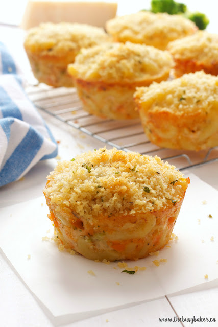 macaroni and cheese with broccoli, baked into muffin form