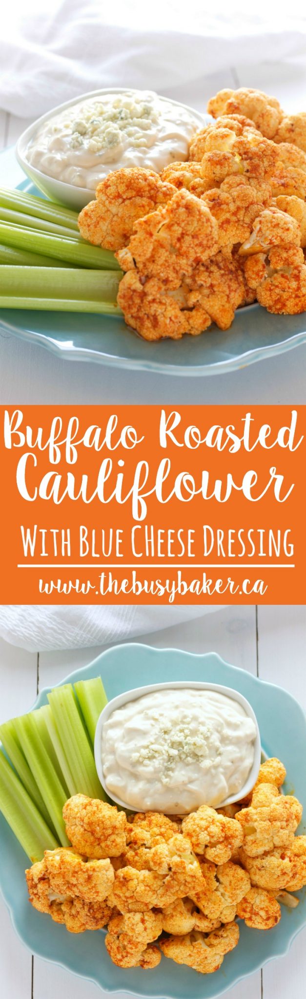 Buffalo Roasted Cauliflower with Blue Cheese Dipping Sauce is the perfect healthy game day appetizer or savoury snack that's low carb and gluten-free.  Recipe from thebusybaker.ca! via @busybakerblog