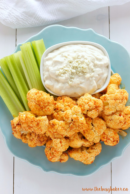 platter of spicy roasted cauliflower with Blue Cheese Dipping Sauce