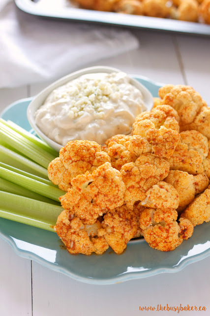 overhead image: Buffalo Roasted Cauliflower with Blue Cheese Dipping Sauce