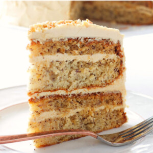 titled image (and shown): Banana Layer Cake with Fluffy Peanut Butter Frosting